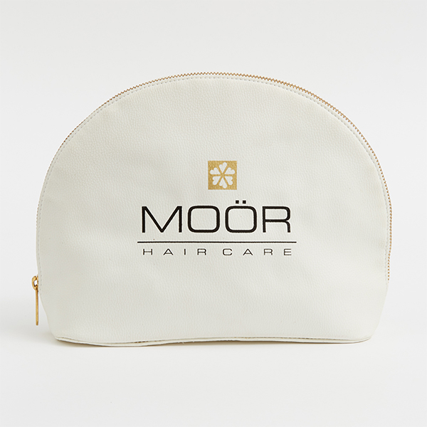 white leather pouch bag for moor hair care by supreme creations