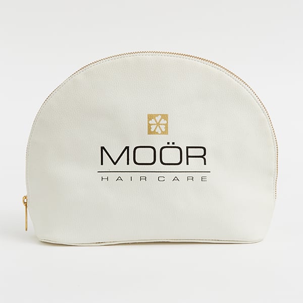 white leather pouch bag for moor hair care by supreme creations